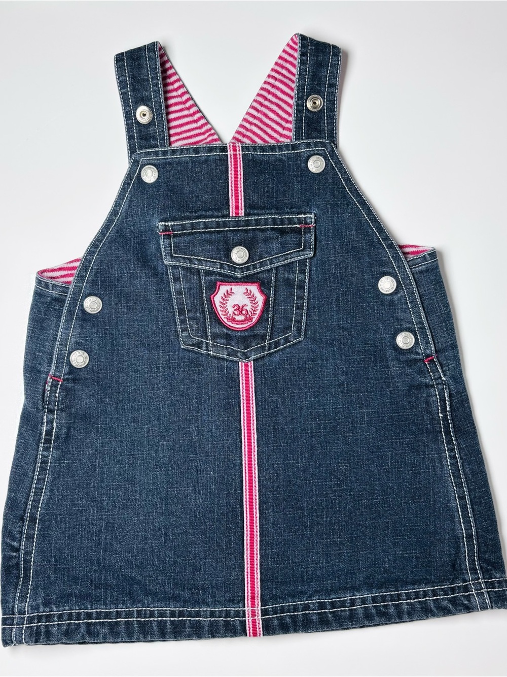 Vintage 90s b.u.m. equipment Denim Jumper Pinafore Dress Pink Striped 6M Retro